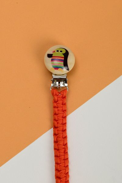 e&f Store Hand Knitted Natural Wooden Pacifier Holder - Penguin - Orange