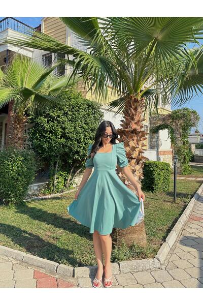 Sunlit Collections Kadın Mint Yeşili Düz Renk Arka Fermuarlı Büzgülü Kollu Ka...