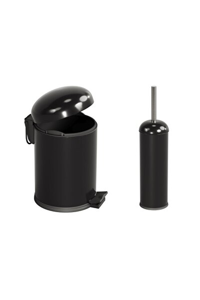 AQUA BAGNO Smile  Klozet Fırçası + Çöp Kovası 5 lt -2 Parça Set, Mat siyah