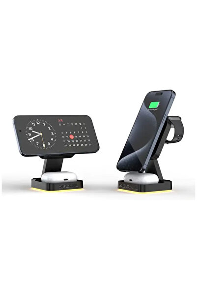 Katlanabilir Kablosuz Şarj Cihazı Telefon Tutucu Stand - Airpods, Magsafe, Watch Uyumlu Işıklı