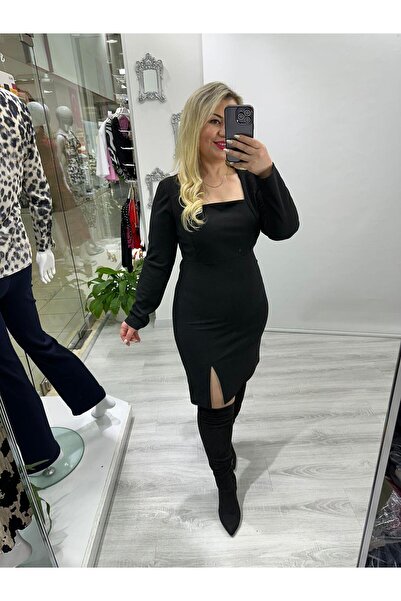 SBUTİK Siyah U Yaka Yırtmaç Detaylı Elbise mc 5006