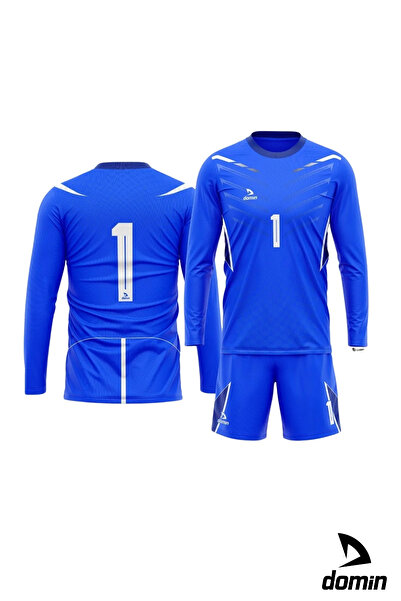 DOMİN SPOR Erkek Uzun Kol Mavi Beyaz Kaleci Forması Maç Forması Futbol Forma Ve Şort Seti