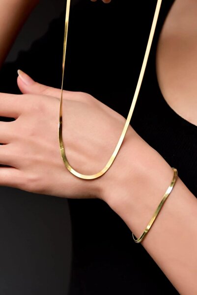 By Zeyna Aksesuar قلادة وسوار نسائي 316 L Steel Vip Series سلسلة إيطالية مضادة للحساسية ومضادة للتشويه (45 سم + 7 سم)