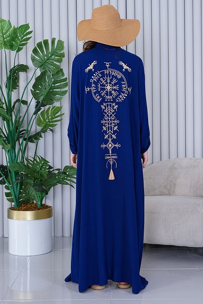 AYASOFYA OTANTIK Women's Navy Blue Half Placket Shirt Collar Ethnic Embroidery Detailed Oversize Loose Dress