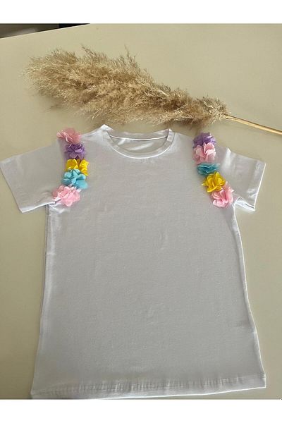 Sare Çocuk Giyim Girls' Short Sleeve White T-Shirt with Flower Detail on the Shoulder (1-10 Years)