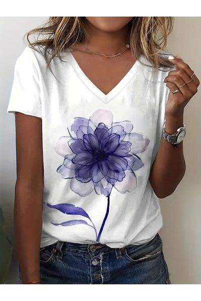 mercoledi Μπλουζάκι Casual Boyfirend με V λαιμόκοψη με στάμπα Oversize