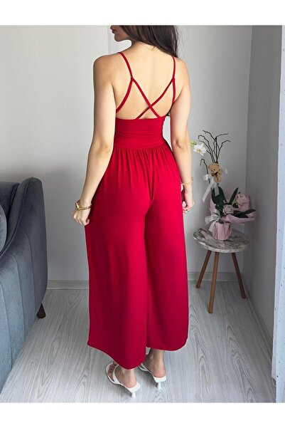 AB LOOKS Kadın Sırtı Çapraz Askılı Salaş Kesim Palazzo Pantolonlu Tulum Yeni Sezon Tiril Kadın Yazlık Tulum