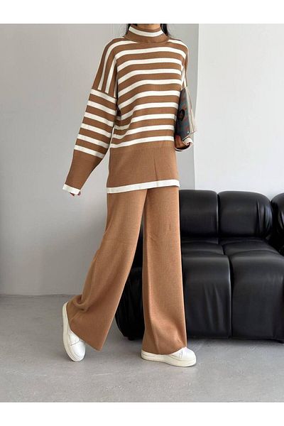 WEAR AND WEAR Tricoturi groase de iarnă cu dungi pentru damă Pulover cu gât Palazzo Pantaloni Set de jos și de sus Set de două piese supradimensionat