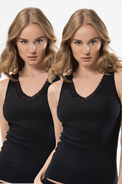TÜREN Women's Lace V-Neck Strap Camisole 2-Piece Cotton Undershirt 290/Black