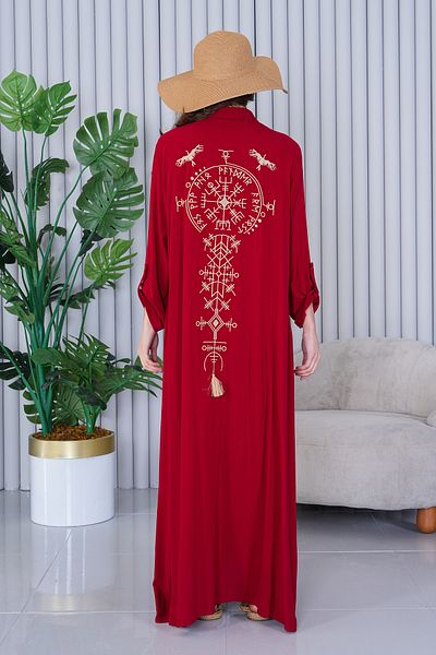 AYASOFYA OTANTIK Women's Burgundy Half Placket Shirt Collar Ethnic Embroidery Detailed Oversize Loose Dress