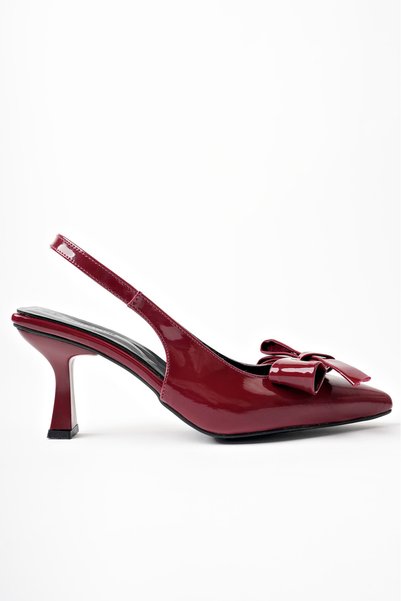 moun shoes فستان سهرة نسائي بفيونكة من الجلد باللون العنابي اللامع