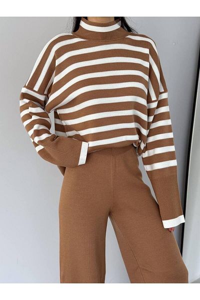 WEAR AND WEAR Tricoturi groase de iarnă cu dungi pentru damă Pulover cu gât Palazzo Pantaloni Set de jos și de sus Set de două piese supradimensionat