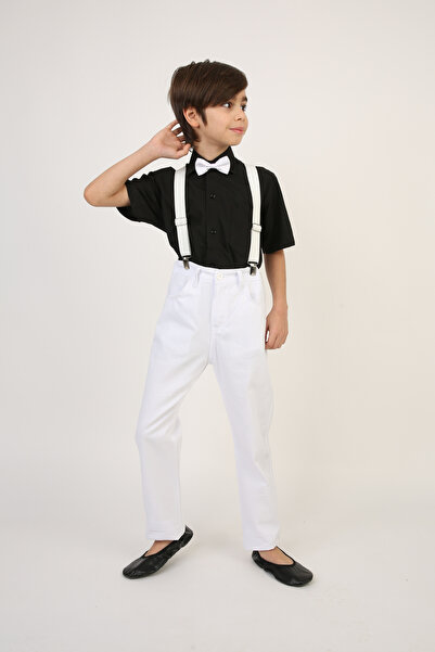 Dıgıl Kids Cămașă neagră pentru bărbați-pantaloni albi-costum cu papion cu br...