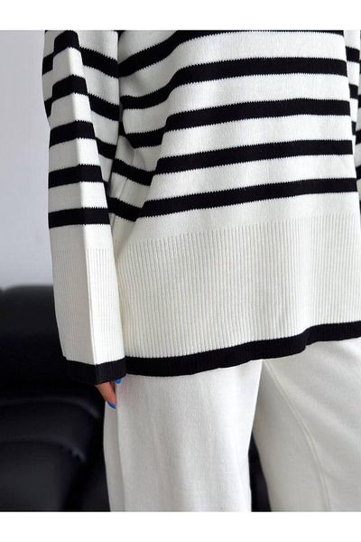 WEAR AND WEAR سترة تريكو شتوية سميكة مخططة للنساء سترة بالازو بنطلون سفلي مجموعة بدلة مزدوجة كبيرة الحجم