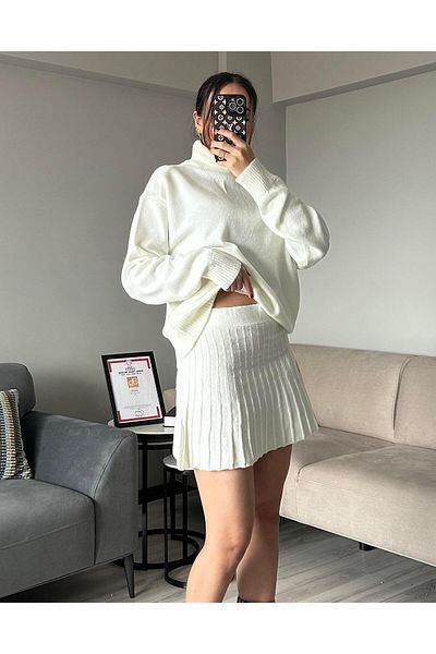AB LOOKS Ecru Women's Winter Suit - Thick Sweater and Pleated Mini Skirt Cotton High Top Knitwear Design