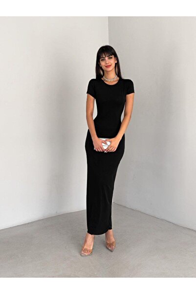 AB LOOKS فستان نسائي أسود قابل للتمدد بأكمام قصيرة من ماكسي كايلي، فستان طويل...