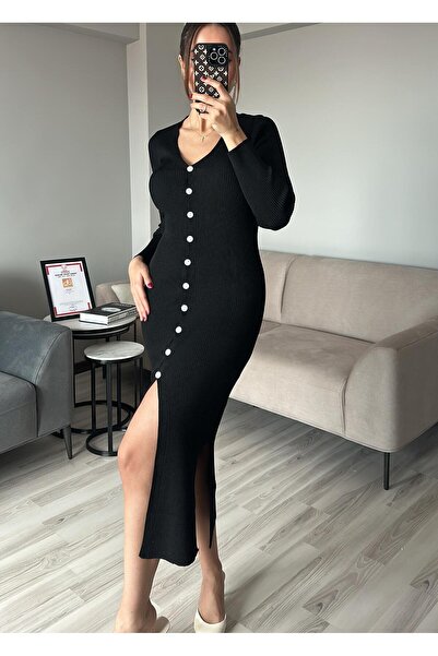 AB LOOKS Kadın Siyah Önü Düğmeli ve Derin Yırtmaçlı Premium Yün Triko Esnek K...