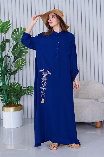 AYASOFYA OTANTIK Women's Navy Blue Half Placket Shirt Collar Ethnic Embroidery Detailed Oversize Loose Dress