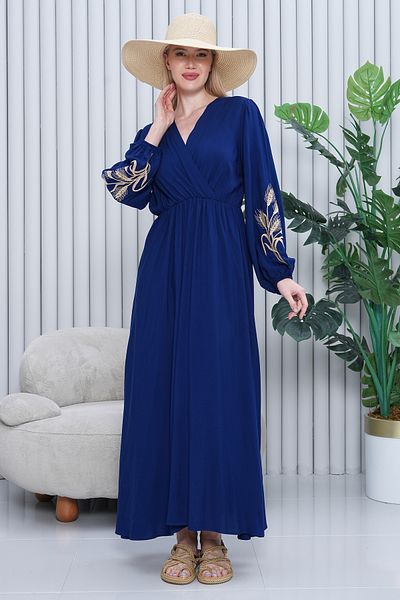AYASOFYA OTANTIK Women's Navy Blue Embroidery Detailed Long Sleeve Long Dress