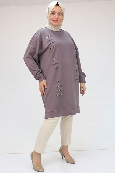 Eslina 48089 Plus Size Osyho Tunic with Beyoğlu Stones on the Front - Gray