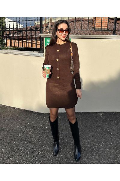 AB LOOKS Bitter Brown Amora - Gold Heart Detailed Wool Blended Mini Cardigan and Skirt Set