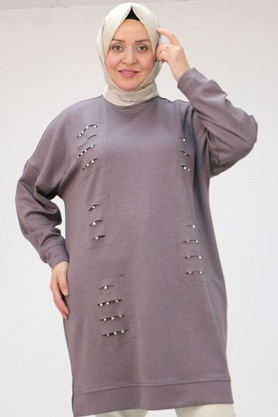 Eslina 48089 Plus Size Osyho Tunic with Beyoğlu Stones on the Front - Gray