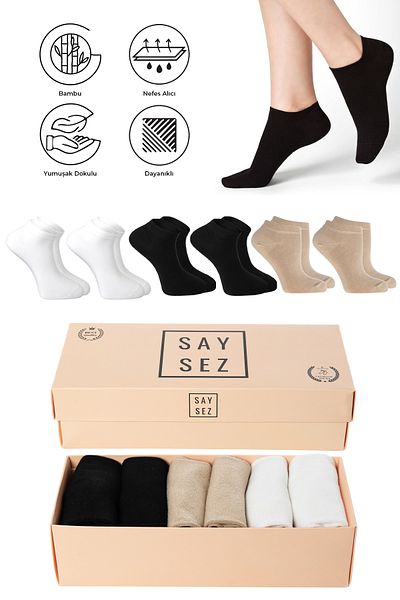 SAYSEZ Bamboo Women's Booties - Black-White-Beige Seamless Premium Pack of 6