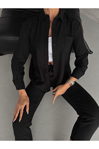 AB LOOKS Women's Black Oversize Linen Shirt and Trousers Double Set New Season Linen Bottom Top Set