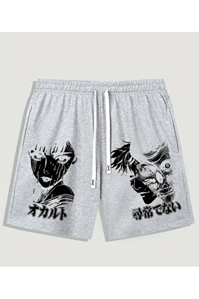 caddekombin Γκρι σορτς unisex με στάμπα προσώπου, λεπτομέρεια με κορδόνι και ...