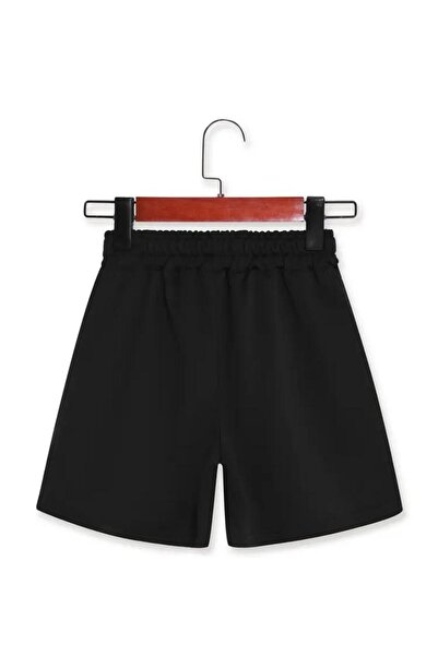 caddekombin Kadın Nabızlı Kalp Baskılı Bermuda Cepli Kordonlu Comfort Fit Kalıp Siyah Şort