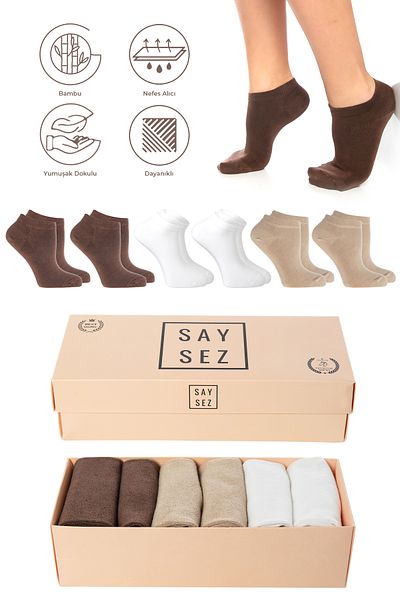 SAYSEZ Premium Bamboo Women's Booties Socks - White, Brown, Beige, 6 Pack