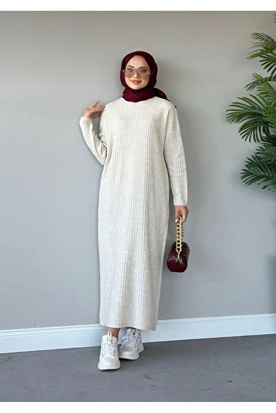 Gülce moda Uyumlu Fitilli Triko Elbise Ekru