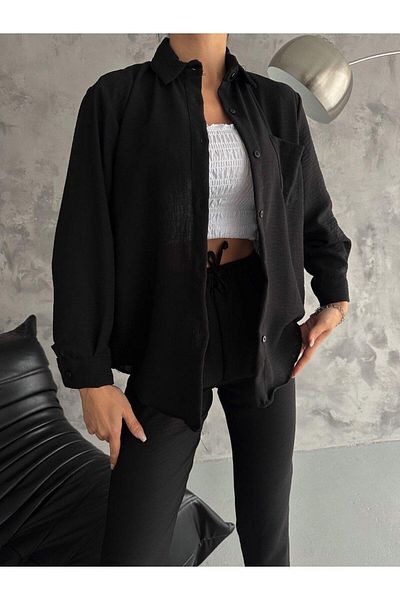 AB LOOKS Women's Black Oversize Linen Shirt and Trousers Double Set New Season Linen Bottom Top Set