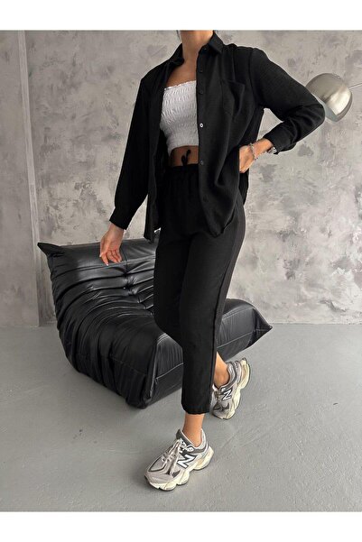 AB LOOKS Women's Black Oversize Linen Shirt and Trousers Double Set New Season Linen Bottom Top Set