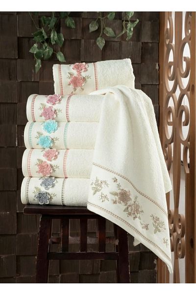 Fiesta 30X50 cm 3D Embroidered 100% Curl Cream 6 Pieces Kitchen Towels