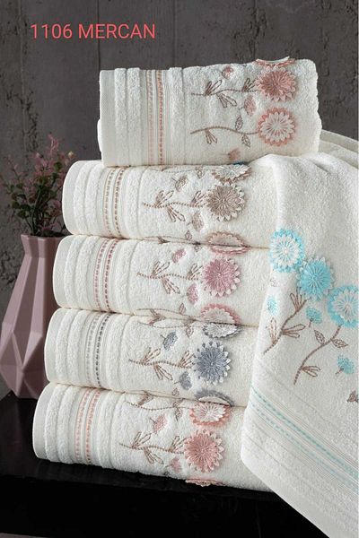 Fiesta 30X50 cm 3D Embroidered 100% Curl Cream 6 Pieces Kitchen Towels