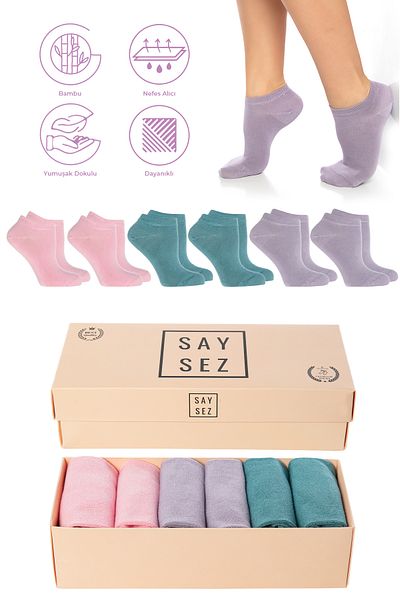 SAYSEZ Pack of 6 Premium Bamboo Women's Booties Socks - Pink, Lilac, Aqua Green, Seamless