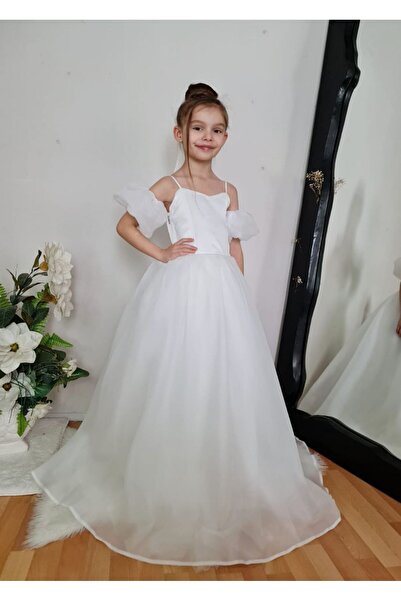SAYUKER SHOP Kız Çocuk Balon Kol Beyaz Kuyruklu Kabarık Gelinlik Abiye Elbise (2-10 yaş)