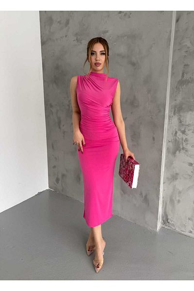 Butik Merrline Women's Elegance Pink Shoulder Draped Zero Sleeve Slit Daily Sandy Fabric Night Evening Dress
