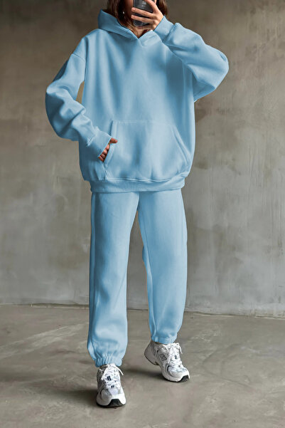 ruNadeS Kadın Polar Rahat Kesim Kanguru Cepli Kapüşonlu Eşofman Takımı - Casual