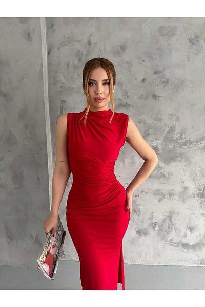 Butik Merrline Women's Elegance Red Shoulder Draped Zero Sleeve Slit Daily Fabric Stylish Night Evening Dress