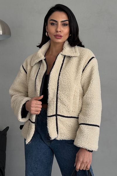 moda armanc Μπεζ βελούδινο γυναικείο μπουφάν με δερμάτινη λεπτομέρεια