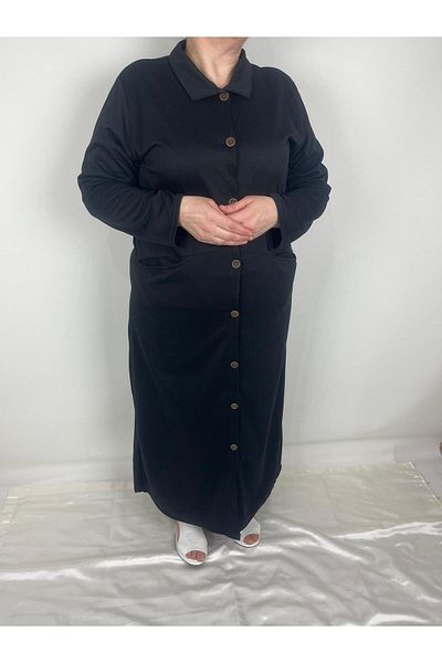 YAŞAR TRİKO Women's Black Button Collar Long Sleeve Double Pocket Long Seasonal Cap