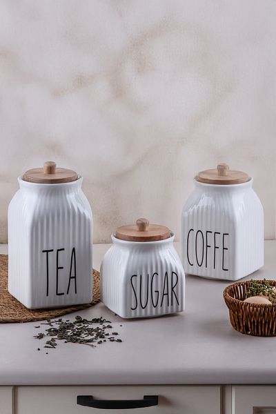 Sezka Life 3 Size Bamboo Lid Vacuum Striped Jar Set Seasoning Set (Tea-Sugar-Coffe)