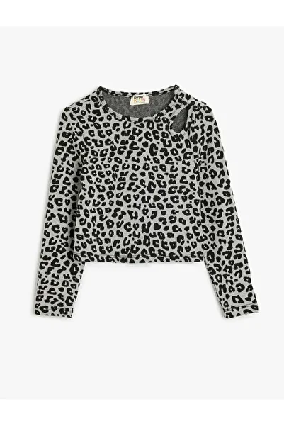 Koton Girl's Leopard Print Window Detailed Crew Neck Blouse