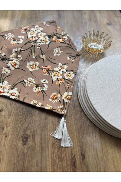 HALFART Комплект от ленени ръкохватки Coffee Daisy Duck и 6 чинии за сервиране Cream