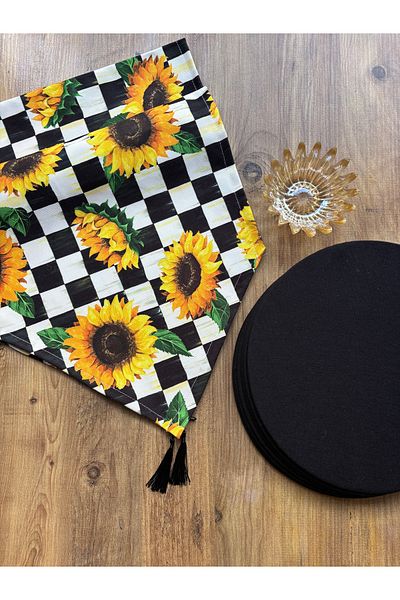 HALFART Runner din in de rață cu model de floarea soarelui și set de 6 supla negre