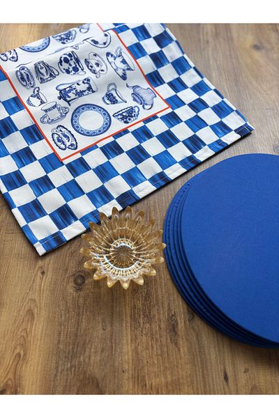 HALFART Saks Checker Duck Linen Runner și set de 6 bucăți Saks Supla