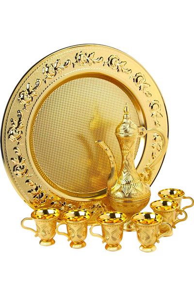 Tekbir Gold Color Decorative Zemzem Set 8 Piece Jug Tray and Cup Serving Set