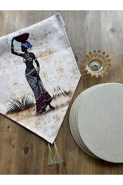 HALFART Afro Test Duck Linen Runner και Σετ 6 τεμαχίων Cream Supla